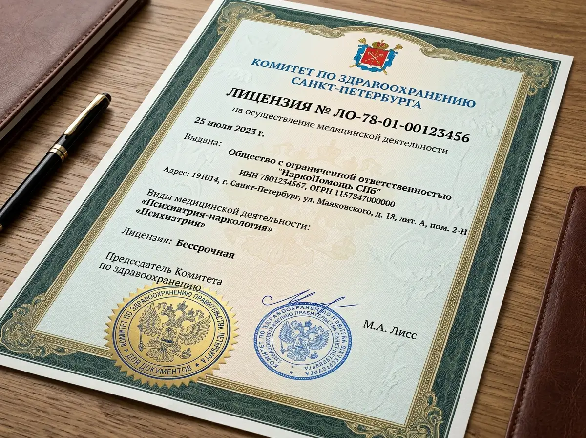 Медицинская лицензия ООО НаркоПомощь СПб, официальный бланк Комитета по здравоохранению Санкт-Петербурга, гербовая печать